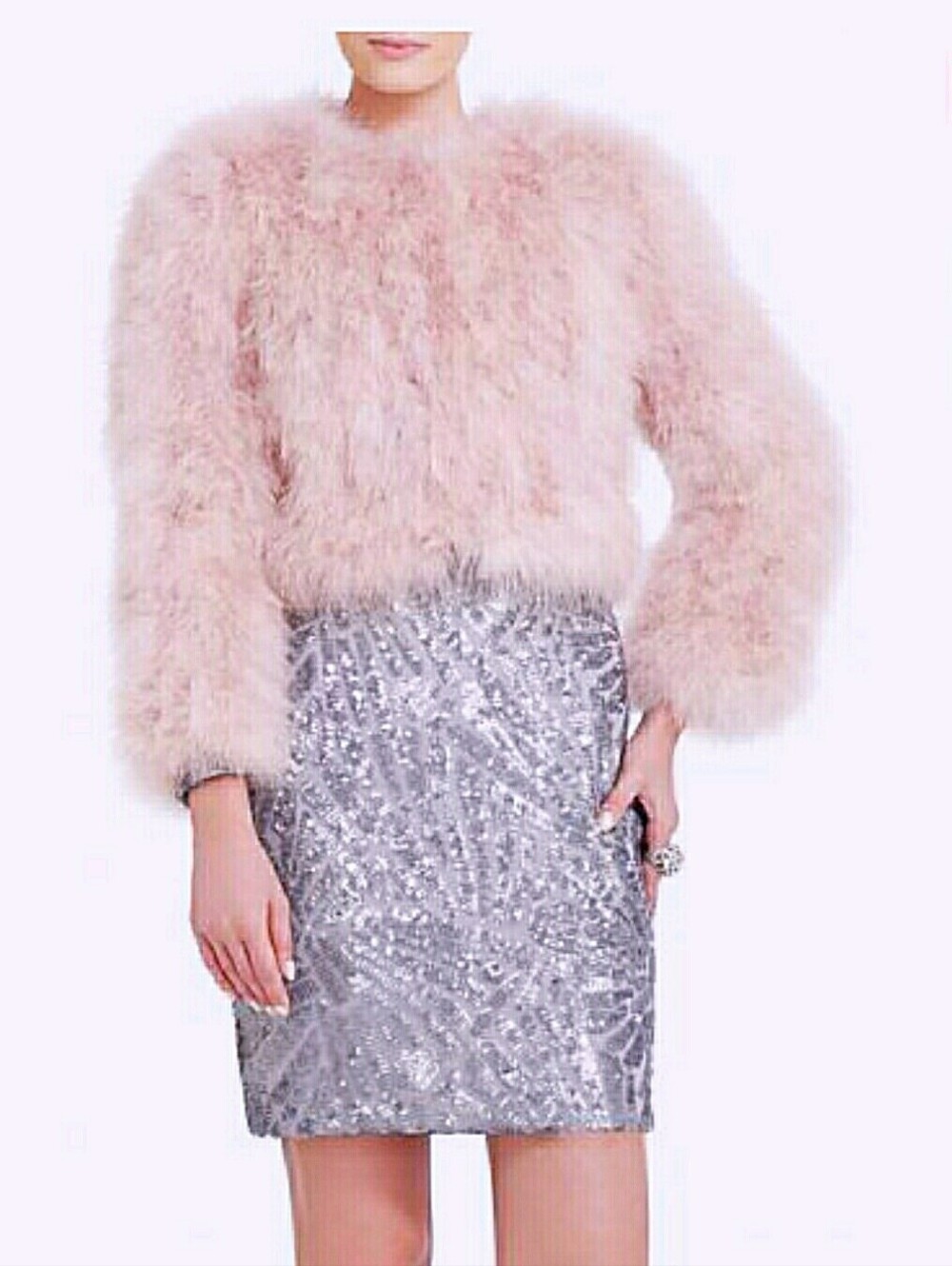BCBGMaxizaria Margaret Petal Pink Turkey Feather Cropped Jacket Small